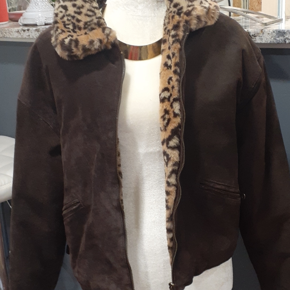 Vtg Joyce Leslie faux fur leopard and leather reversible bomber jacket size S - Picture 11 of 16
